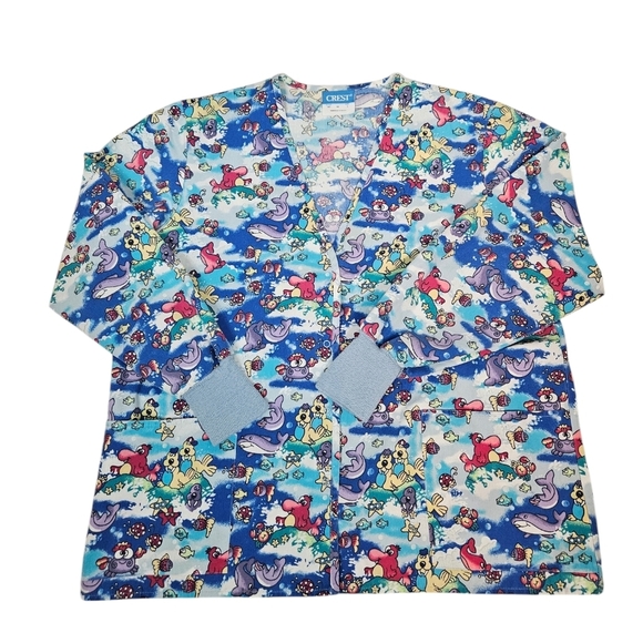 Crest Tops - Vintage Crest Cartoon‎ Dolphin Ocean Warm Up Scrub Top Size Large Unisex V17